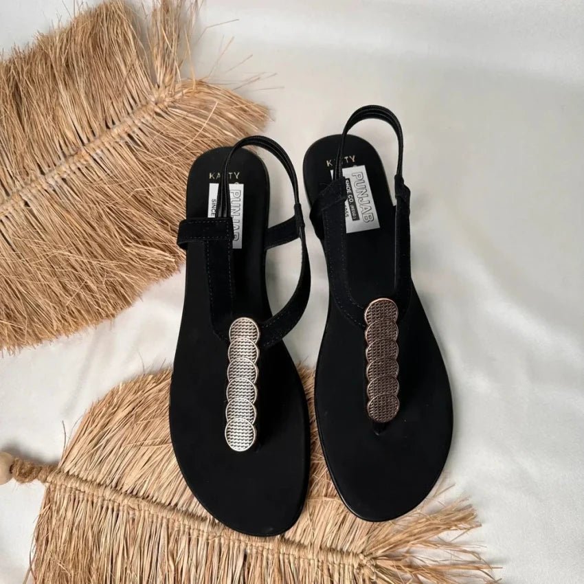 Black Adjustable T - Strap Flat Sandals - Punjab Shoe Co.