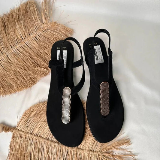 Black Adjustable T - Strap Flat Sandals - Punjab Shoe Co.
