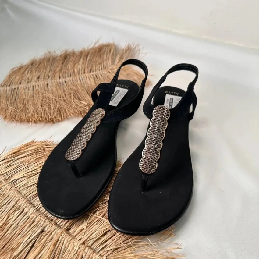 Black Adjustable T - Strap Flat Sandals - Punjab Shoe Co.