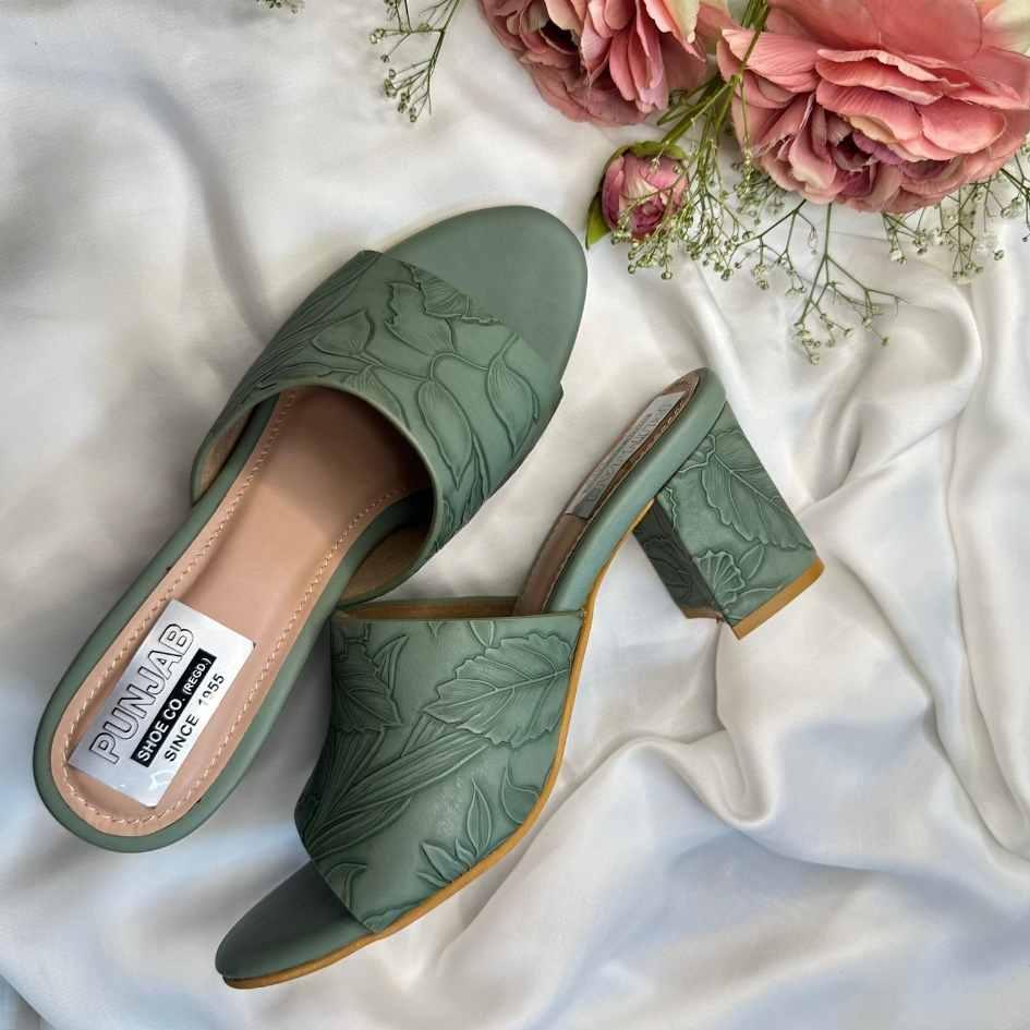 Floral Embossed Slip - On Heels in Sage Green - Punjab Shoe Co.