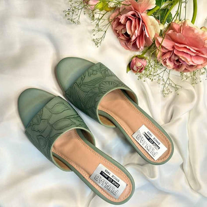 Floral Embossed Slip - On Heels in Sage Green - Punjab Shoe Co.