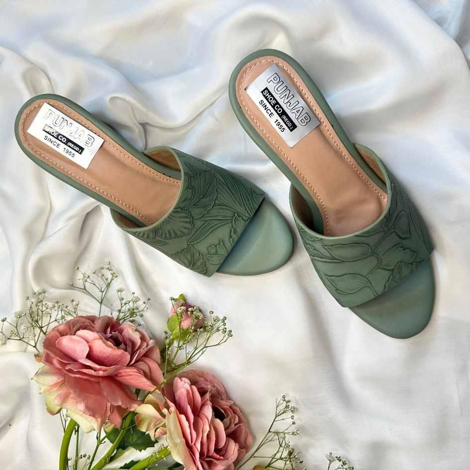Floral Embossed Slip - On Heels in Sage Green - Punjab Shoe Co.