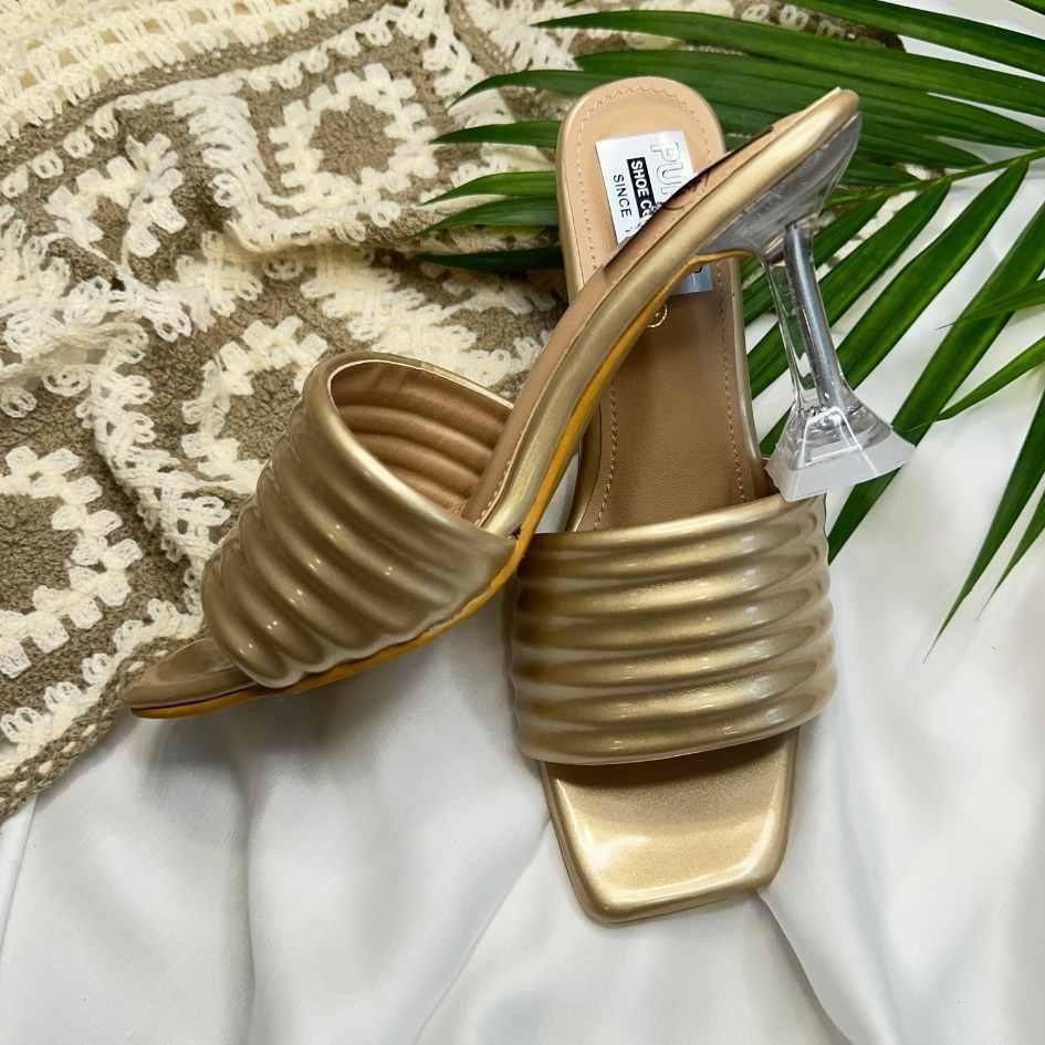 Golden Ribbed Chic Heels for Women - Punjab Shoe Co.
