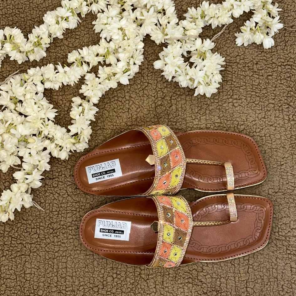 Orange and Yellow Embellished Kolhapuri Chappal - Punjab Shoe Co.