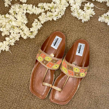 Orange and Yellow Embellished Kolhapuri Chappal - Punjab Shoe Co.