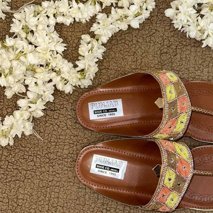Orange and Yellow Embellished Kolhapuri Chappal - Punjab Shoe Co.