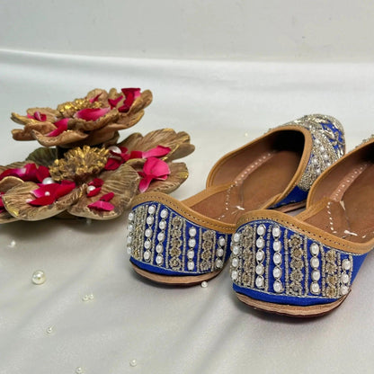 Peacock Blue Embellished Jutti for Women – Handcrafted Leather Flats for Special Occasions - Punjab Shoe Co.