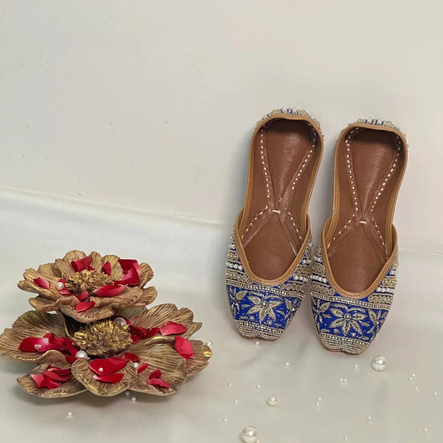 Peacock Blue Embellished Jutti for Women – Handcrafted Leather Flats for Special Occasions - Punjab Shoe Co.